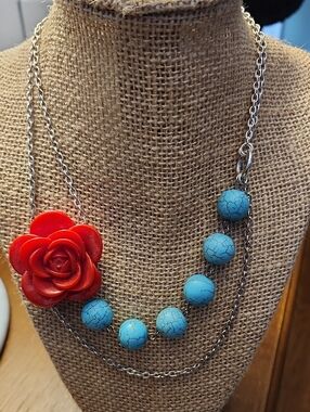 Blue Bead and Red Rose Statement Necklace